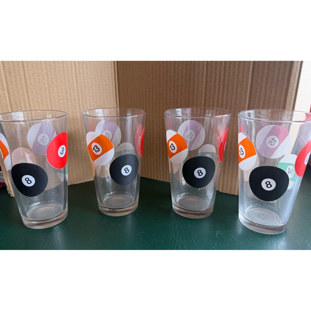 Vintage Billiard Pool Ball Drinking Glasses Set of 4 8-Ball Game Room Barware